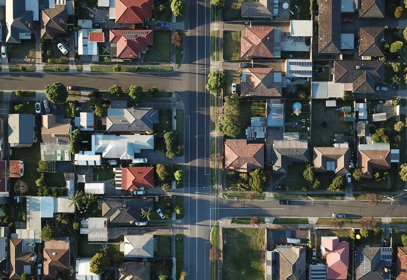 Aerial view of a suburban street